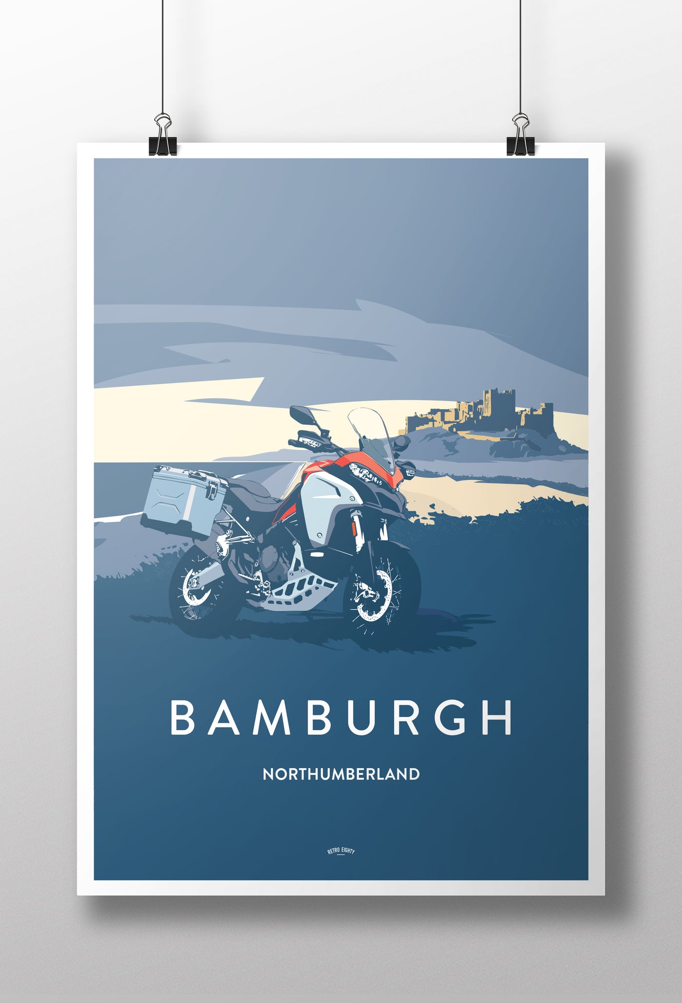 Italian Adventure Motorcycle 'Bamburgh, Northumberland' print