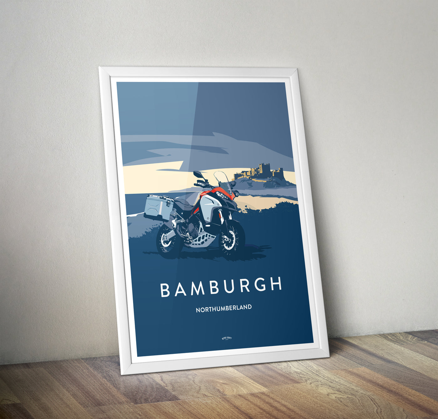 Italian Adventure Motorcycle 'Bamburgh, Northumberland' print